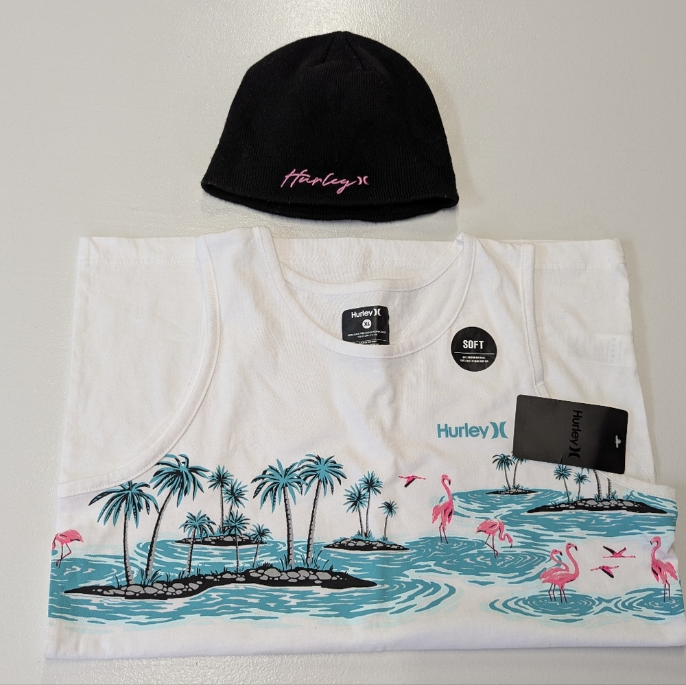 NWT Youth XL Hurley White Tank Top with Beach Scene and Beanie
